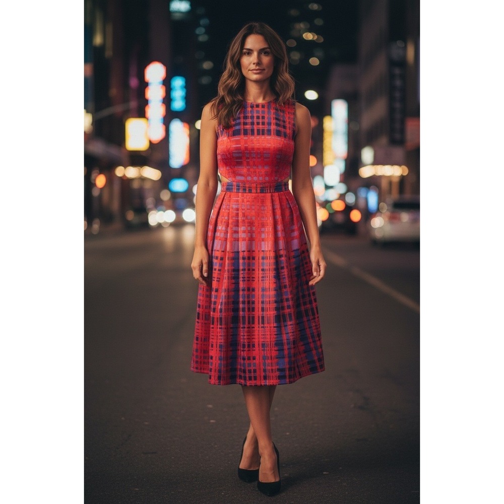 Eva Mendes New York & Company Red Purple Plaid Cut Out Fit Flare Dress Size 0